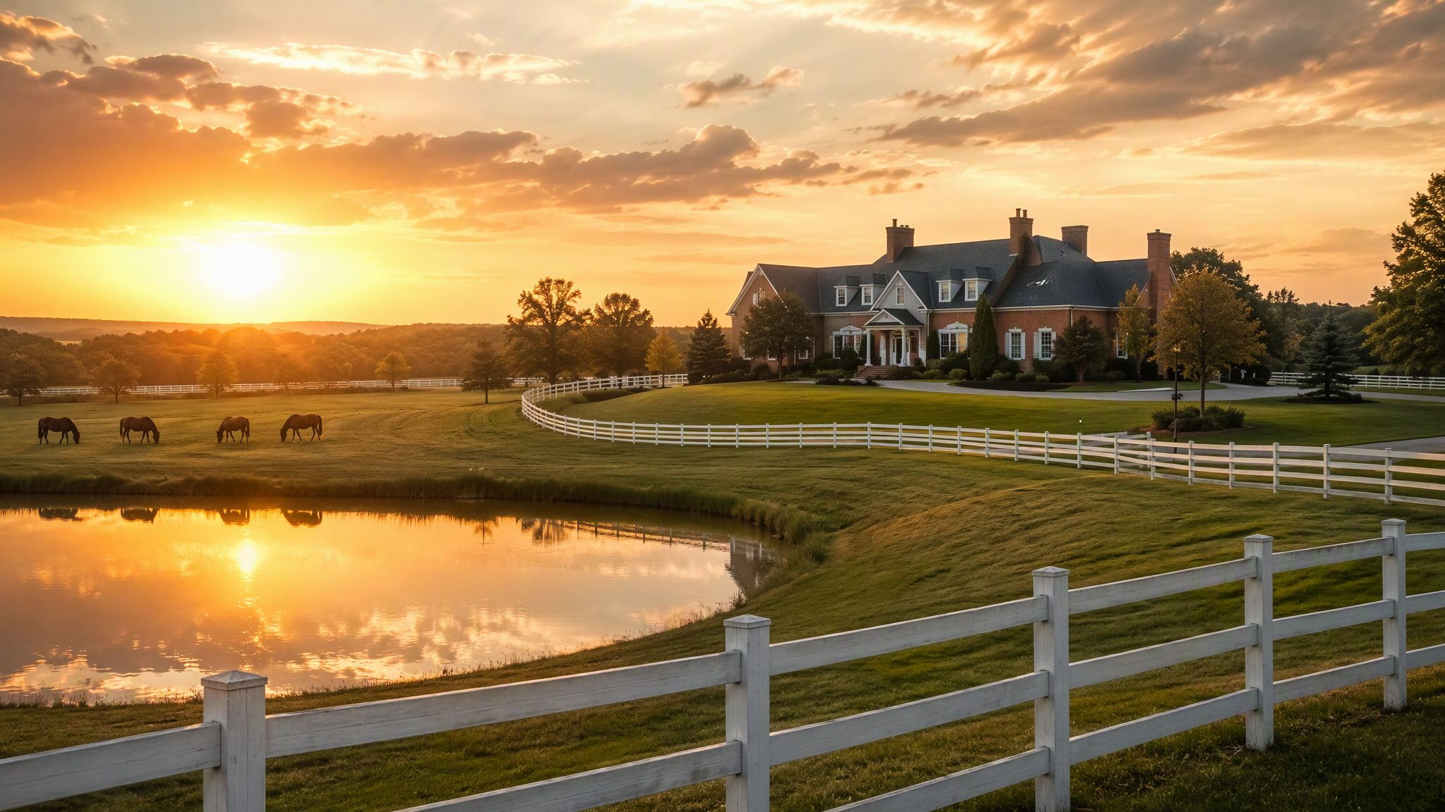Estate home with a private pond and white rail fencing in Cave Springs, Arkansas