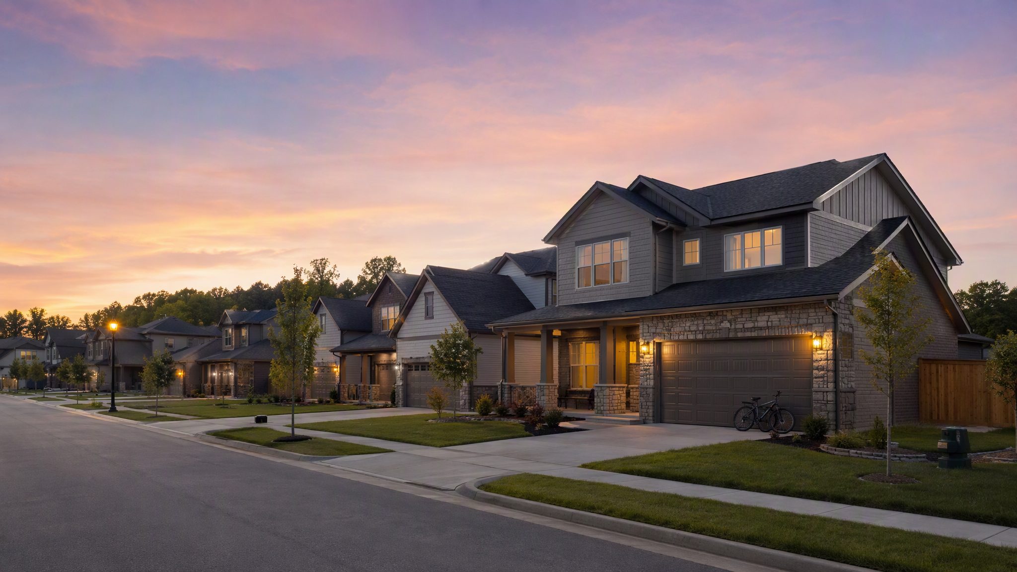 New-construction craftsman homes on a quiet Centerton street at dusk