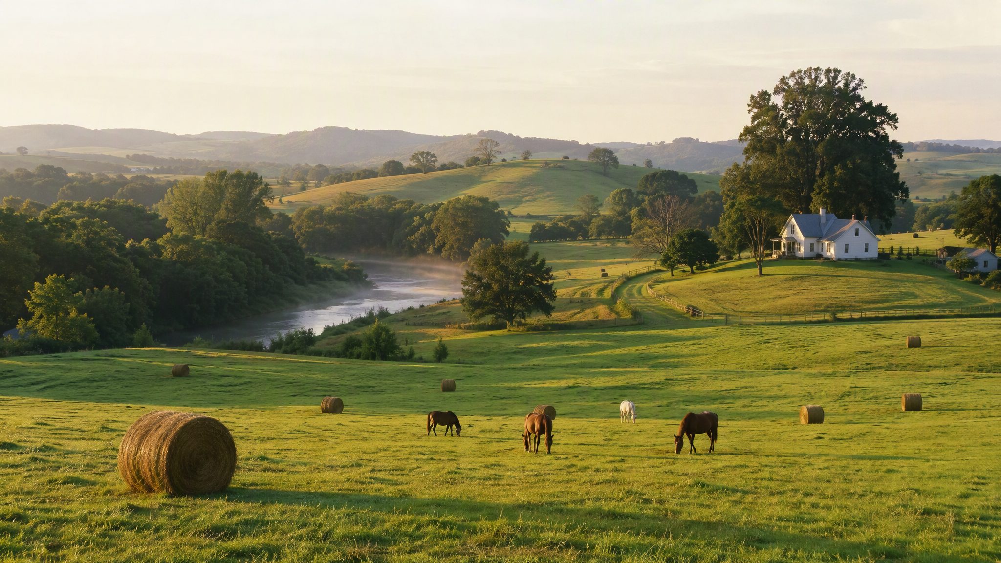 Rolling pasture with hay bales and grazing horses in Farmington, Arkansas
