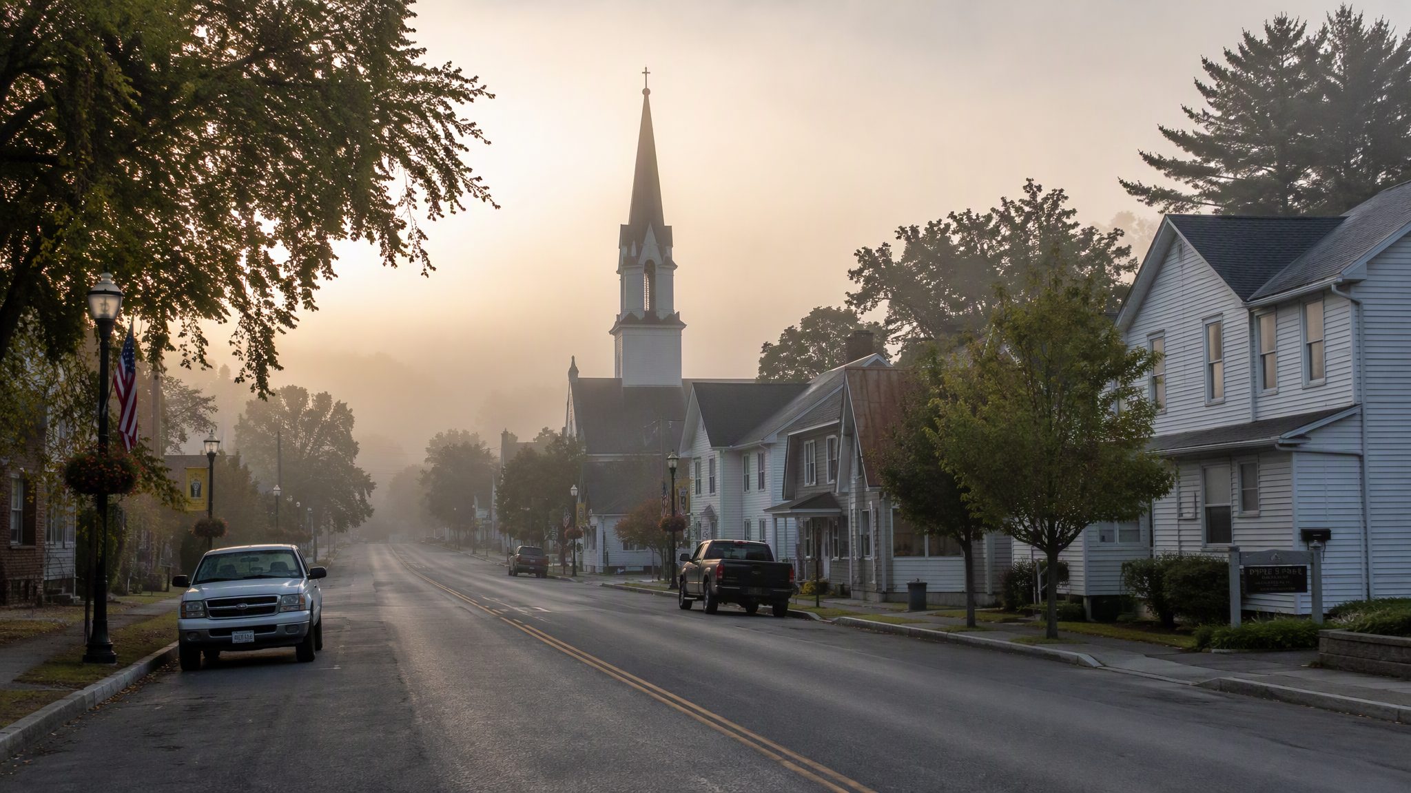 Small-town main street with a church steeple in morning fog in Lowell, Arkansas