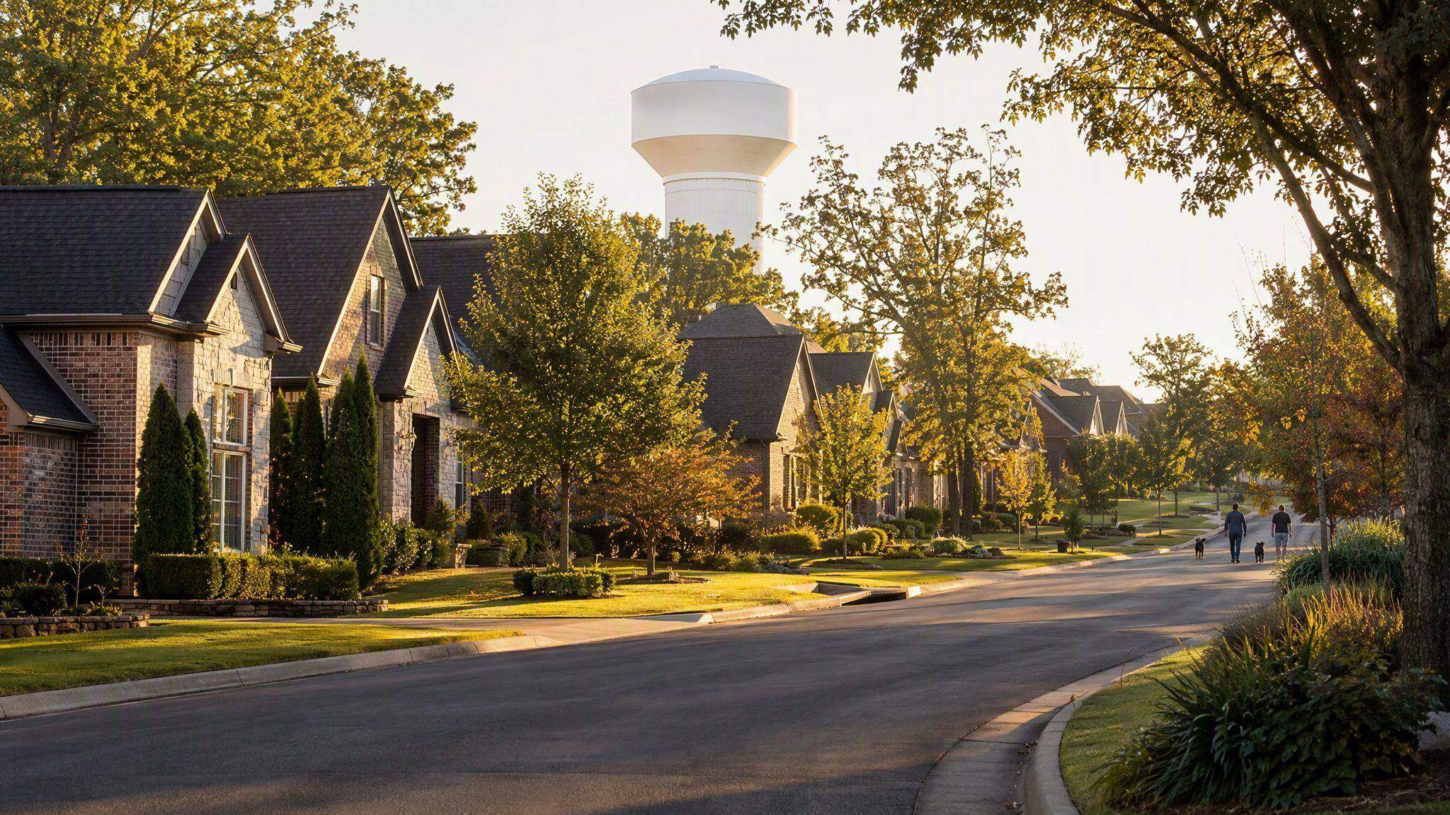 Brick homes in an established Rogers, Arkansas neighborhood with the city water tower