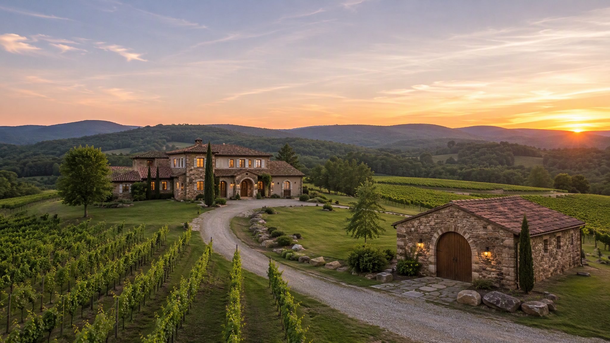 Vineyard rows and a stone villa at sunset in Tontitown, Arkansas