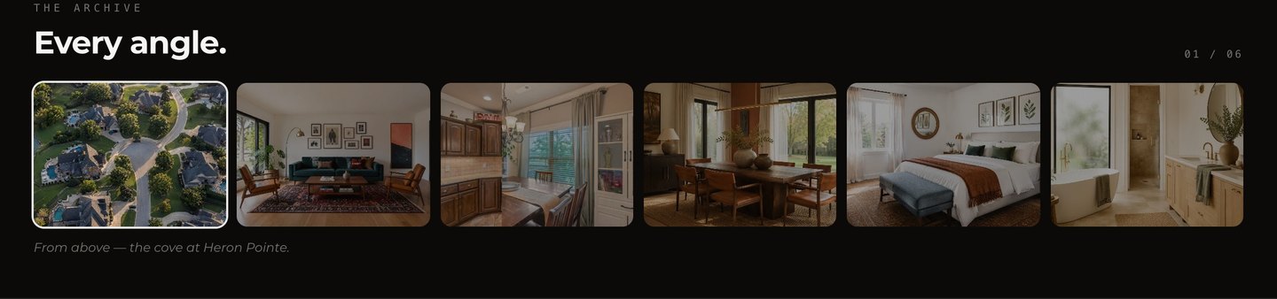 The sample site's photo archive — six photographs from the aerial view to the staged living room, kitchen, dining room, primary suite, and spa bath