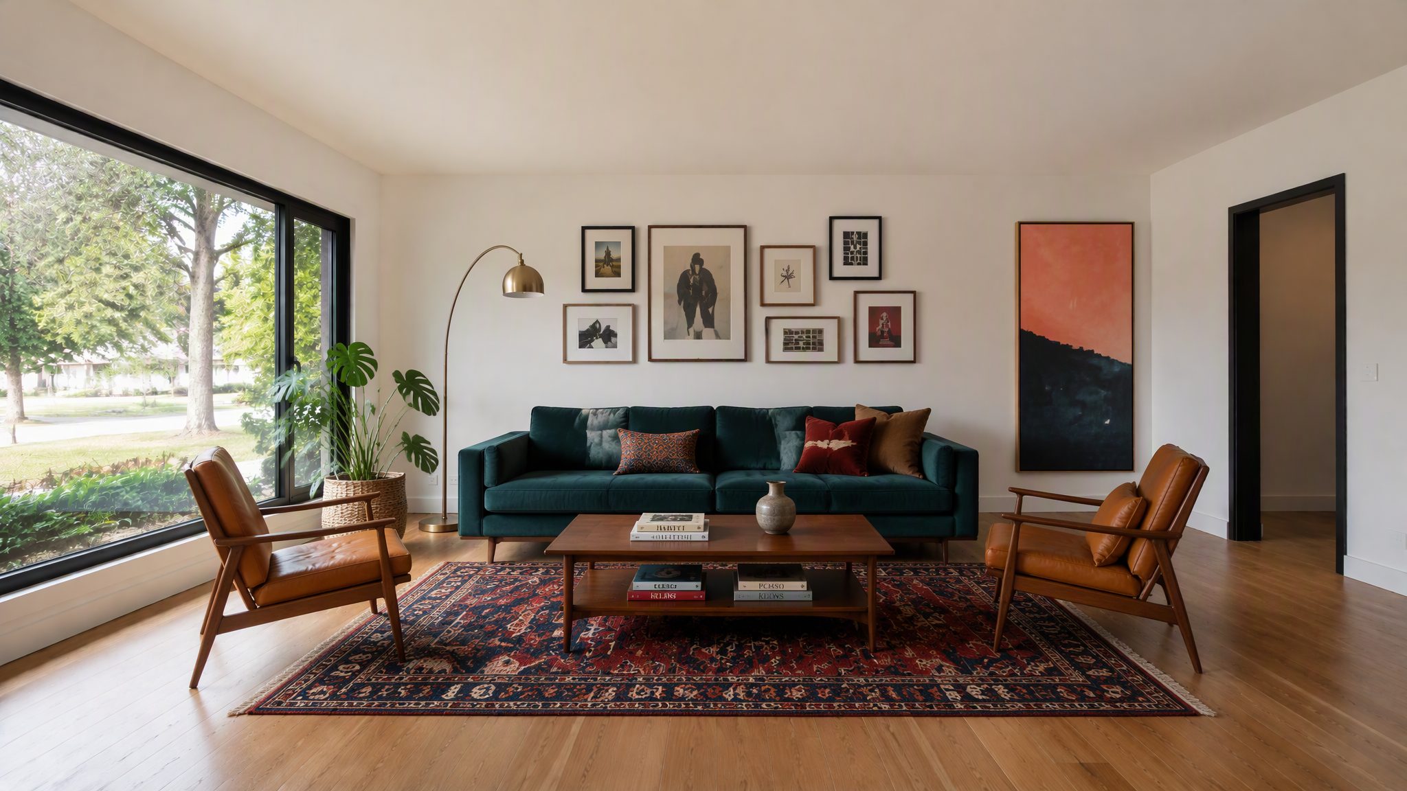 Same living room after virtual staging with furniture and decor